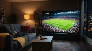 Großer Fernseher mit beleuchtetem Spielfeld in einem schlicht eingerichteten Wohnzimmer