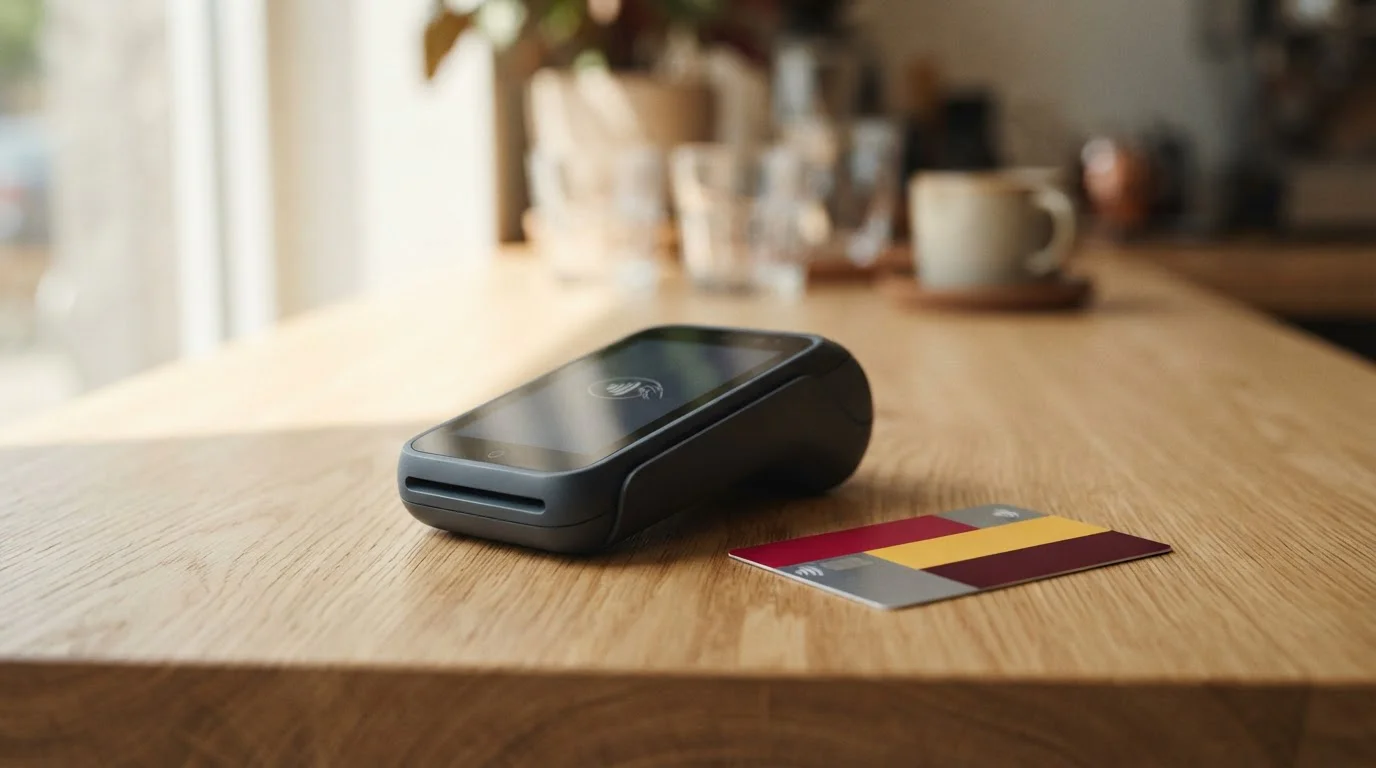 Schlichtes Kartenterminal mit Bankkarte auf einer hellen Theke