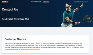 Kontaktbereich der Pinnacle-Hilfe mit Hinweisen zum Kundenservice und zur E-Mail-Kommunikation