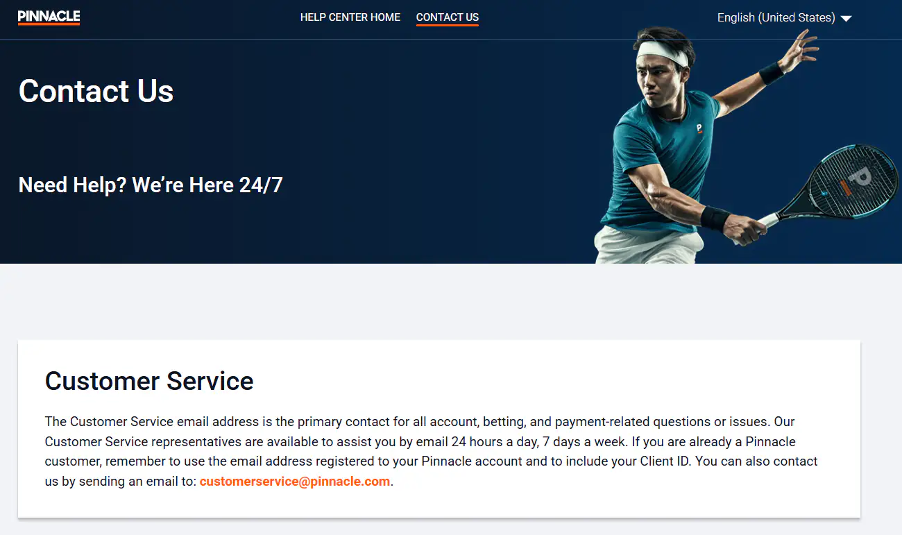 Kontaktbereich der Pinnacle-Hilfe mit Hinweisen zum Kundenservice und zur E-Mail-Kommunikation