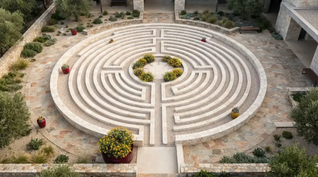 Steinernes geometrisches Labyrinth mit einem erkennbaren Weg und offenem Ausgang