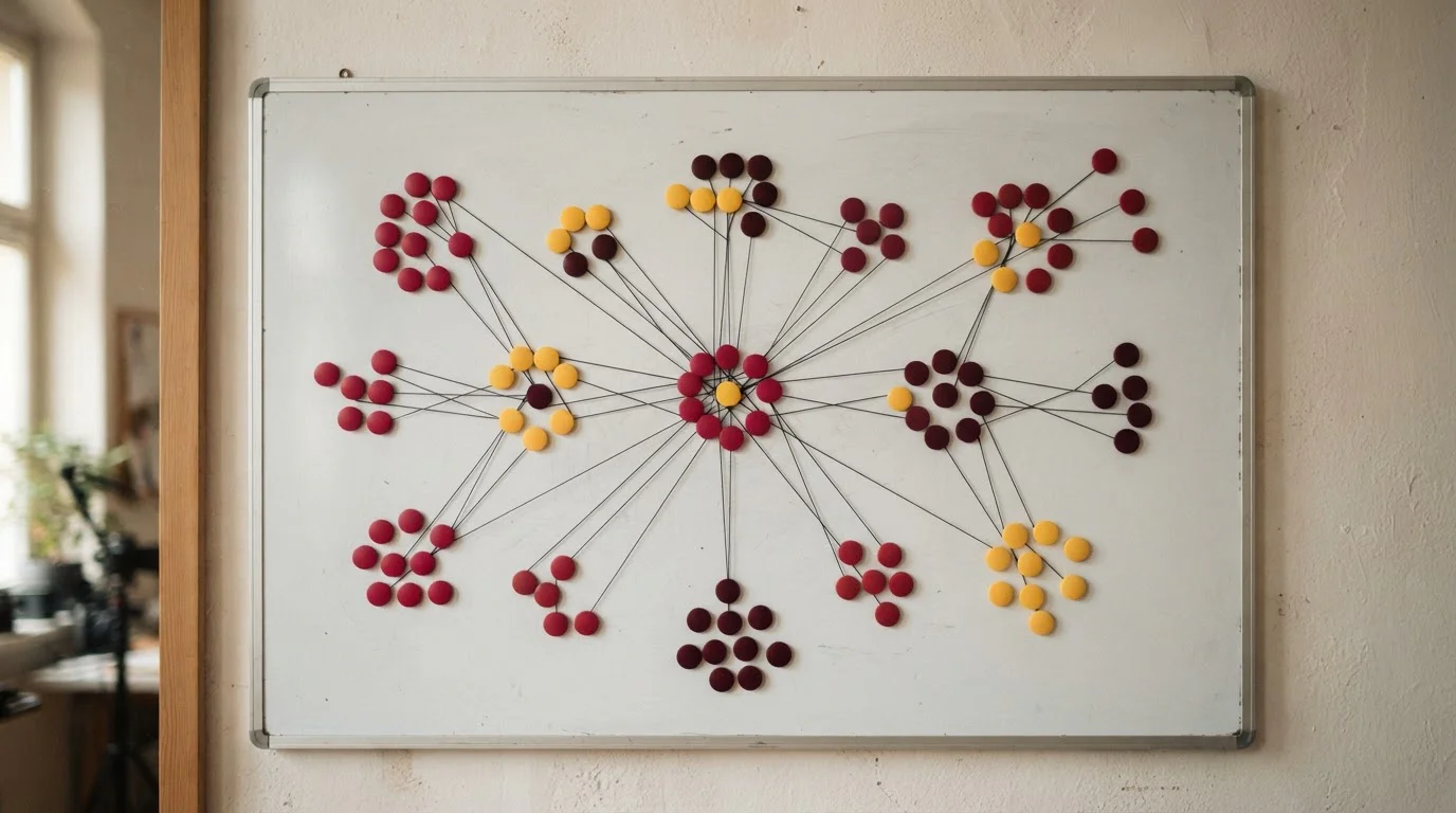 Magnettafel mit farbigen Kreisen und Linien zwischen einzelnen Markierungen