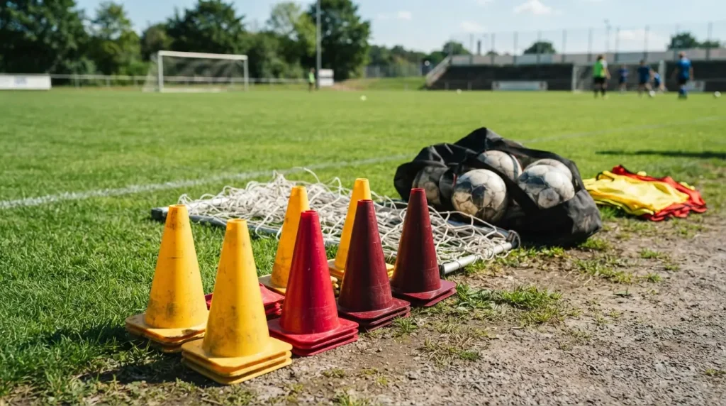 Trainingskegel, Torne​tze und verschiedene Sportbälle am Rand eines Spielfelds