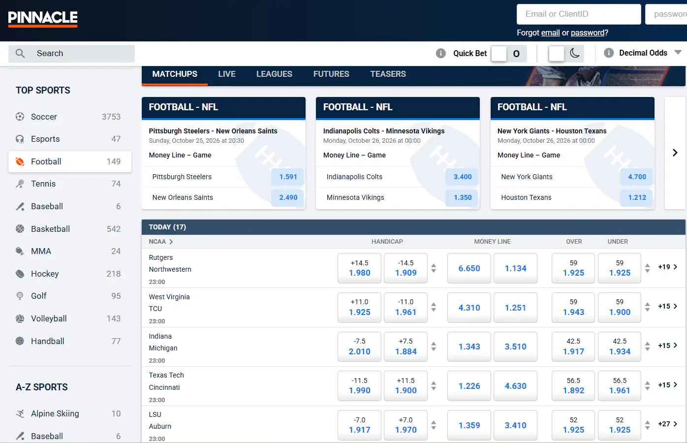 Sportnavigation der Pinnacle-Internetseite mit Fußball und mehreren weiteren Kategorien
